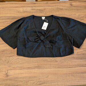 NWT A New Day Linen Crop Top XXL Black Tie Front Elastic Back Ruffle Sleeve